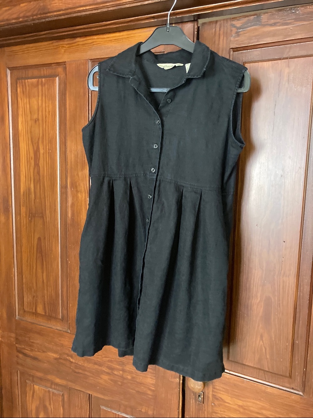 Eddie Bauer 100% Linen Sleeveless Black Button Front Mini Dress Large